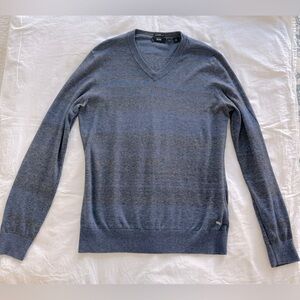 Hugo Boss Lightweight V neck sweater, L, 100% cotton, blue with black stripes